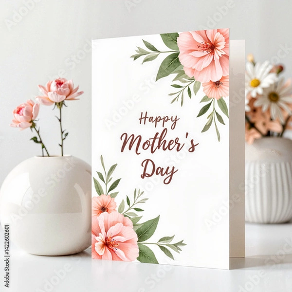 Obraz Happy Mother's Day card with pink flowers and greenery on a white background