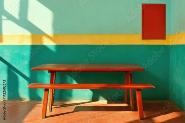 Obraz Empty rustic wooden table and bench in a brightly colored room