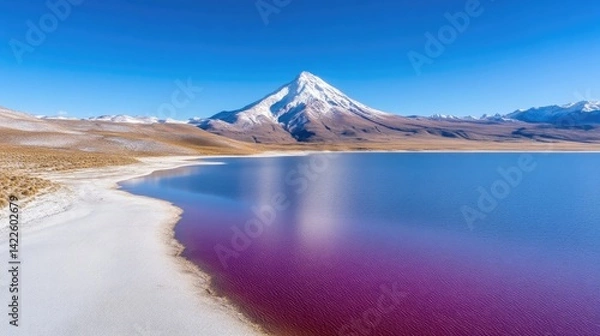 Obraz Andean Lake with Snowy Volcano, Vivid Hues, High-Definition Sharp, Landscape Wide Shot, Salty Shore Texture, Serene Nature Scene, Mountainous Background, Purple Pink Palette, Travel Brochure Ideal