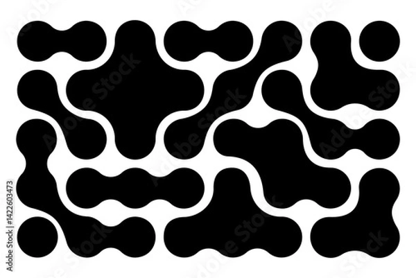 Fototapeta Metaball or molecular pattern. Black amorphous circular shapes isolated on white background. Organic blobs or dots. Modern abstract wallpaper. DNA or neurons network. Vector graphic illustration.