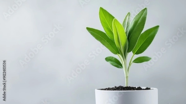Obraz Sage Plant in Pot Minimalist Style Bright Lighting Portrait Simple Shot Growing Life Neutral Background Soft Green Tones Perfect for Wellness Ads
