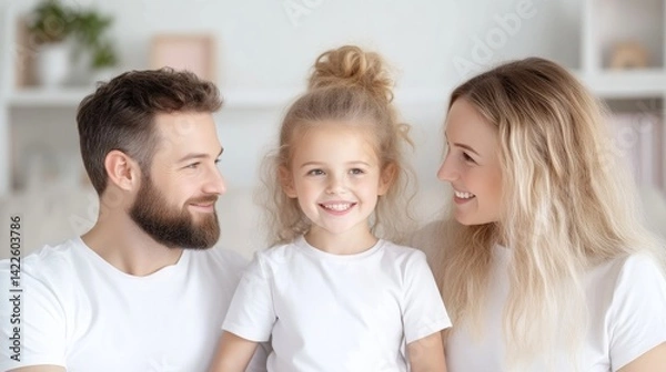 Obraz Happy family portrait.  A loving father, mother, and daughter are smiling and looking at each other