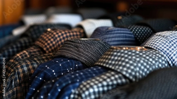 Obraz Close-up of neatly arranged shirts on hangers.  Rows of various patterned dress shirts.  A selection of colors and designs