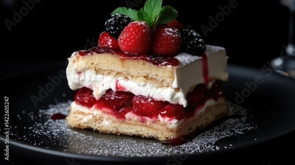 Obraz Dessert slice with berries and cream