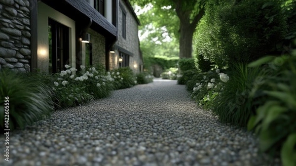 Obraz Charming stone pathway lined with lush greenery and elegant flowers, leading to a quaint country home