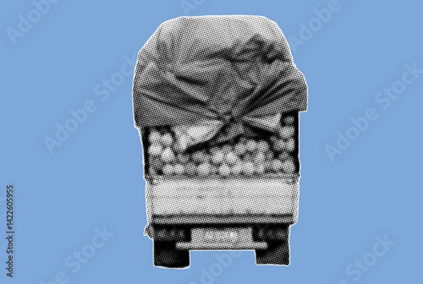 Fototapeta rear view over loaded truck covered with tarpaulin pixelate grayscale color halftone dotted texture style collage element isolated on blue background