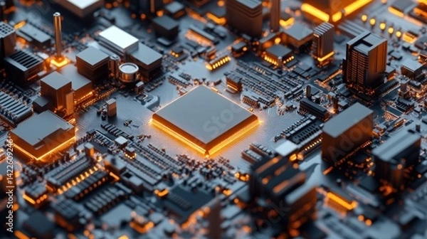 Fototapeta Glowing CPU, circuit board, tech background