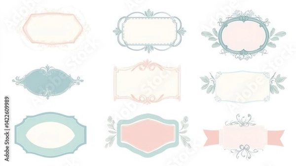 Fototapeta Pastel floral frames, elegant design, white background, design elements