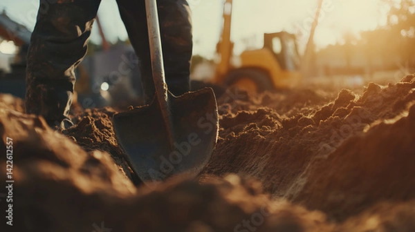 Fototapeta Construction Worker Digging with Shovel at Sunset