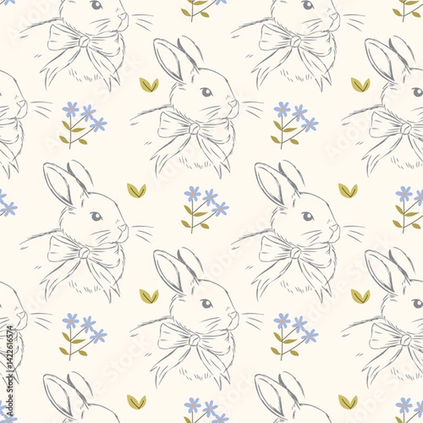 Fototapeta Seamless vintage pattern with hand drawn bunnies in bows and wildflowers on cream background