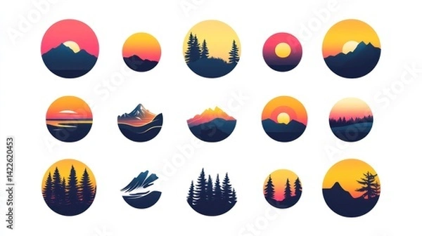 Obraz Mountain sunset icons; nature, landscape, design elements