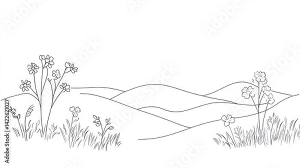 Obraz Rolling hills, wildflowers, meadow, spring landscape, nature scene, coloring page
