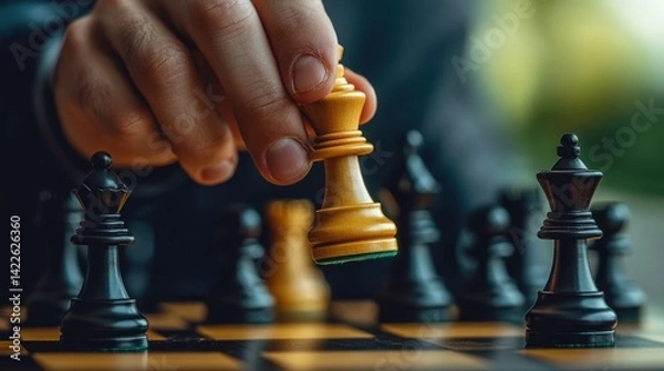 Obraz Businessman playing chess and making checkmate move with king