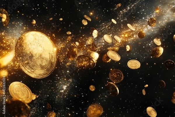 Fototapeta Golden Coins Floating in a Mysterious Cosmic Background
