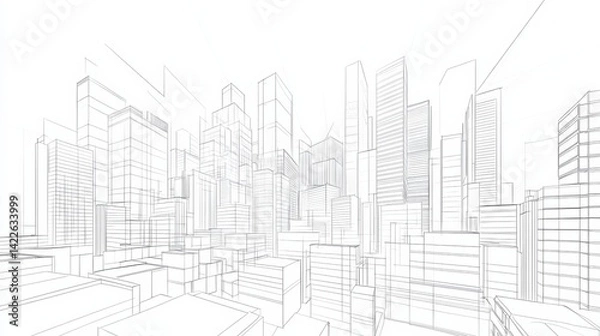 Fototapeta Continuous line drawing of modern urban architecture with apartment buildings and panoramic cityscape. Minimalist linear vector design of contemporary city street silhouette and skyline view.