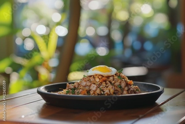 Obraz Sizzling Pork Sisig Dish Topped with Raw Egg on Wooden Table