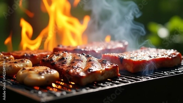 Fototapeta Close up of grilling meat and mushrooms over open flames with smoke rising in an outdoor setting