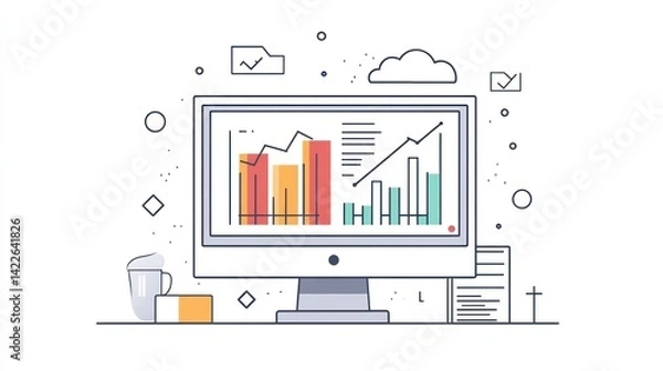 Obraz Desktop data analysis charts, progress graphs, coffee cup
