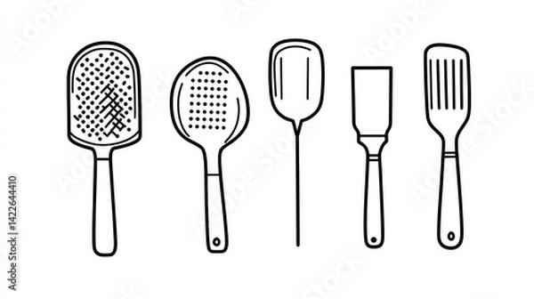 Obraz Kitchen Utensils Line Art; Cooking Tools; White Background