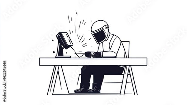 Obraz Astronaut works at desk, sparks fly, office background; website illustration