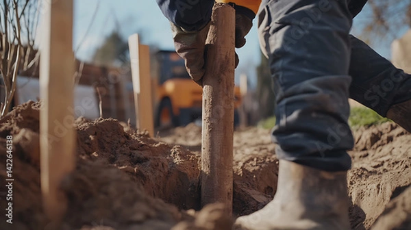 Obraz Construction Worker Digging with a Post Hole Digger
