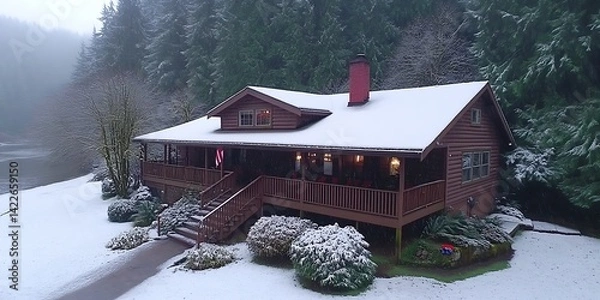 Obraz Snowy Cabin by the Lake