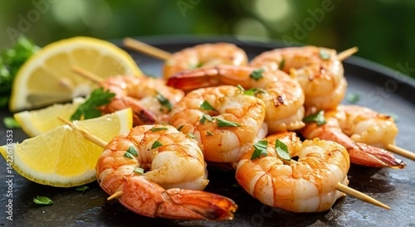 Fototapeta Grilled shrimp skewers with lemon wedges, a delicious seafood appetizer.