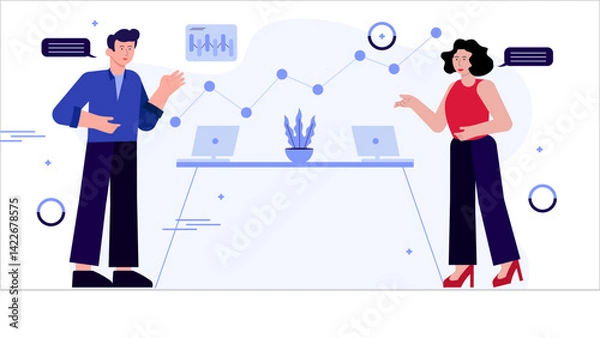 Fototapeta Business data analysis modern flat illustration. Set of scene a man and girl explains business data analysis on graph diagram. Vector Flat Character