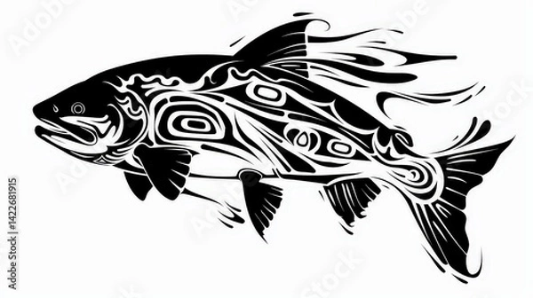 Obraz Black and White Tribal Style Fish Illustration with Elegant Patterns