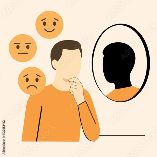 Fototapeta Man reflecting different emotions in the mirror – emotional regulation and mental health flat illustration