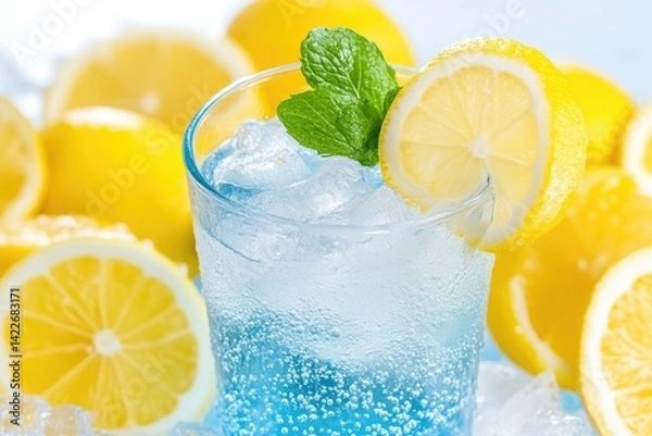 Fototapeta Refreshing, light blue, sparkling beverage with lemon slices and mint.  Iced, fizzy drink