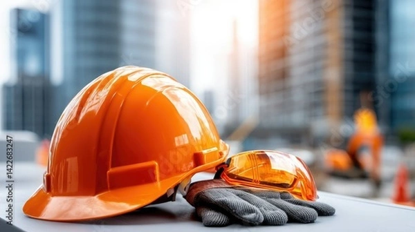 Fototapeta An orange hard hat, safety goggles, and gloves are resting on a surface, set against a backdrop of modern construction buildings in soft sunlight.