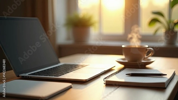 Fototapeta Home office workspace with laptop and documents