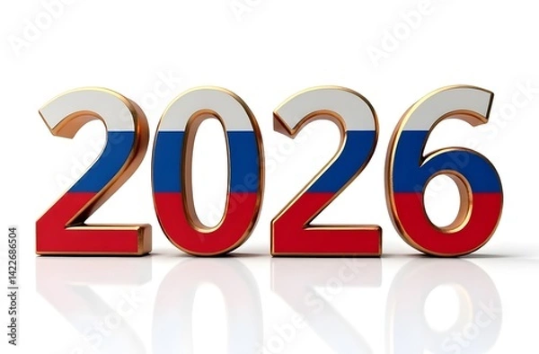 Fototapeta 2026 golden year number featuring a vibrant Russian flag texture isolated on white background