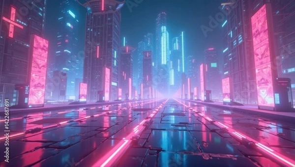 Obraz A futuristic cityscape with tall buildings illuminated by neon lights in pink and blue hues. The street is lined with glowing panels and reflective surfaces. Generative, AI,