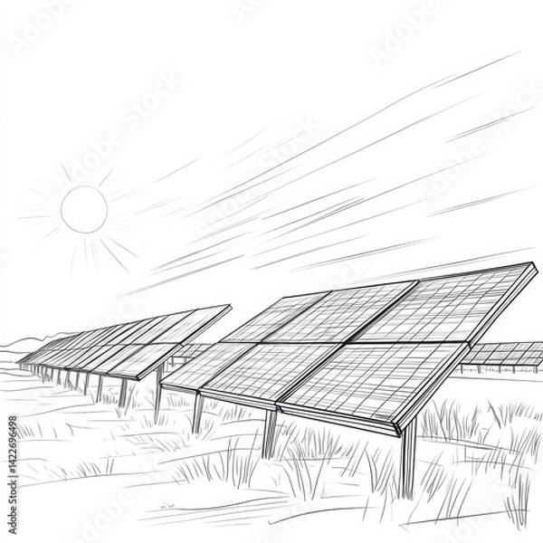 Fototapeta Solar energy in continuous line art drawing style. Solar panels facing the Sun to collect heat 