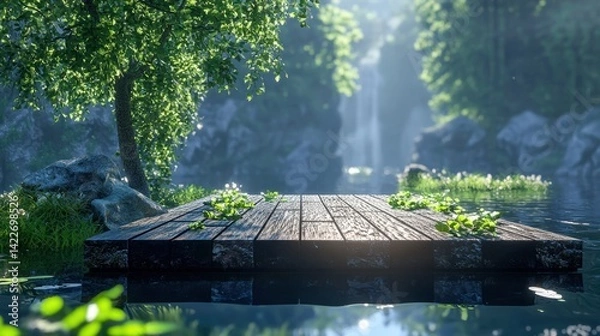 Fototapeta Serene Floating Dock in Lush Forest with Tranquil Waterfall View
