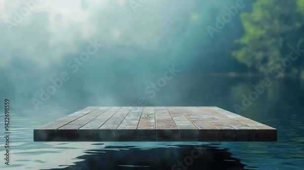 Fototapeta Tranquil Floating Platform in Misty Lake Surrounded by Greenery