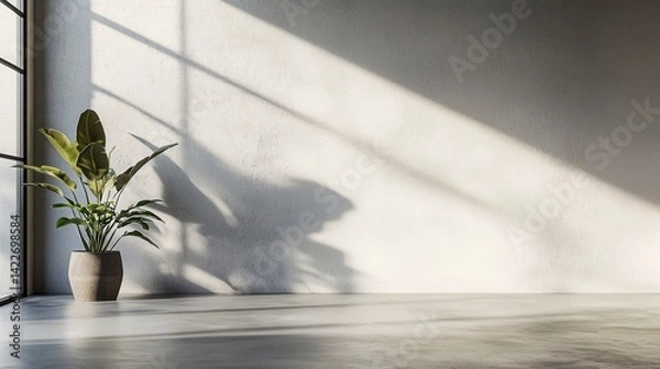 Fototapeta Interior with Plant and Light Shadows in Minimalist Space