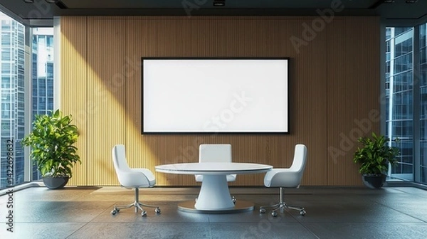 Fototapeta Modern Conference Room with White Chairs and Large Display Screen