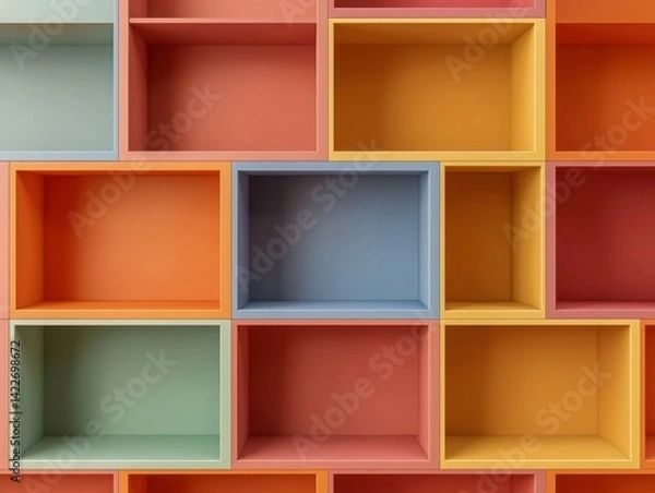 Fototapeta Colorful Wooden Shelving with Empty Storage Boxes for Organization