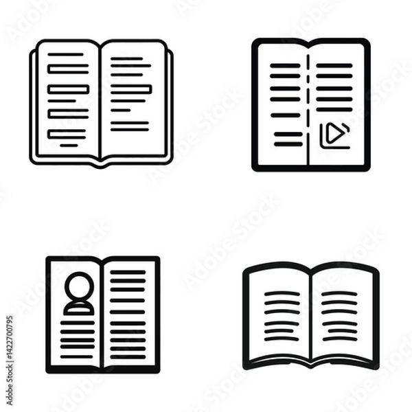 Obraz Open Book Line Icons Set with Text, Page Turn and Media Player on Transparent