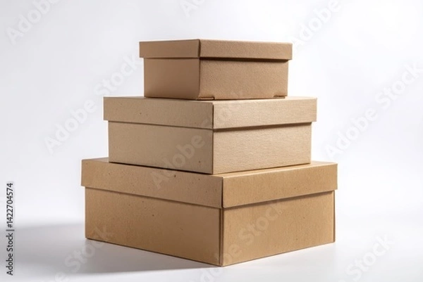 Fototapeta A stack of three closed cardboard boxes of varying sizes on a white surface in studio lighting. stack of cardboard boxes