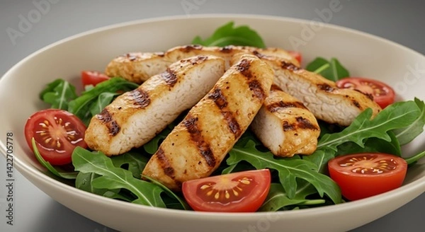 Fototapeta Grilled Chicken Salad with Arugula and Tomatoes in Bowl