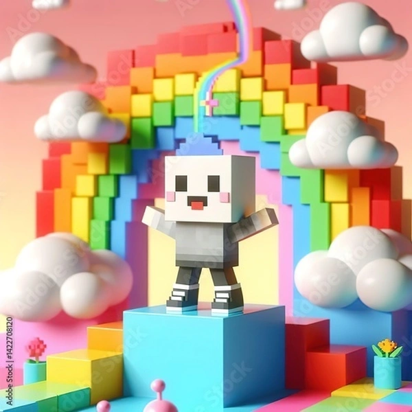 Fototapeta 3d character with rainbow environment abstract colorful blocks videogame concept