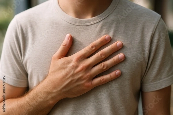 Fototapeta Man placing hand on chest showing respect or taking an oath
