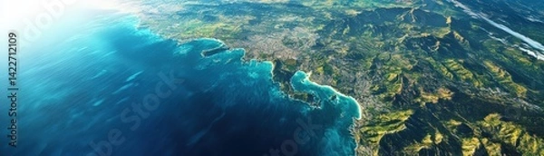 Fototapeta Panoramic coastal terrain map showing detailed Gulf of America elevation data created by geographers for professional earth science visualization projects and environmental research presentations