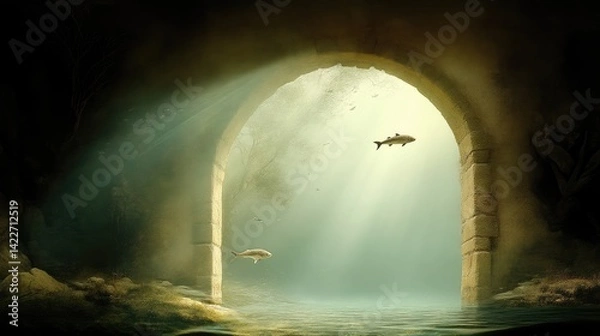Fototapeta Submerged tunnel, ancient archway, aquatic creatures.  Sunlight streams through, tranquil, ethereal