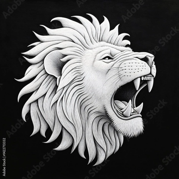 Obraz Regal Roar: A majestic lion's head roars, its powerful form rendered in a stark black-and-white contrast, captivating with its intensity and commanding presence. 