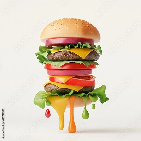 Obraz Delectable Burger: A mouthwatering burger, a symphony of flavors, is meticulously layered with succulent ingredients, a true culinary masterpiece.